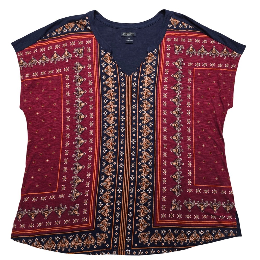 Lucky Brand Boho Medallion Print V-Neck Tee Navy Burgundy Red Womens 2X boho